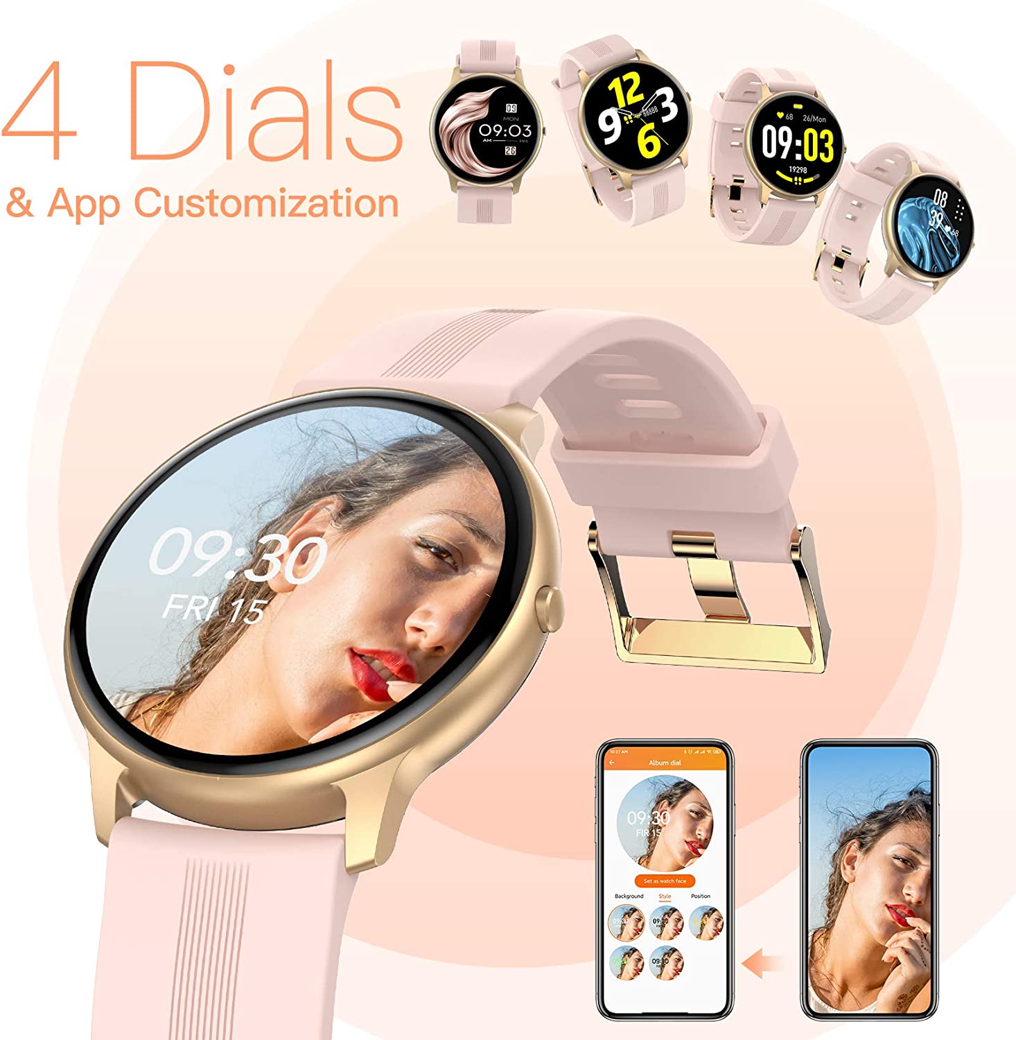 AGPTEK Smart Watch for Women, Smartwatch for Android and iOS Phones IP68 Waterproof Activity Tracker with Full Touch Color Screen Heart Rate Monitor Pedometer Sleep Monitor, Pink - Image 2